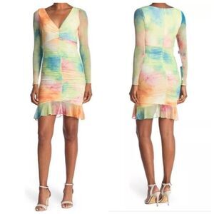 Sage Watercolor Tie Dye Ruched Mini Dress Sheer Sleeve Rainbow 8 NWT